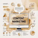 Content Marketing-freelance digital marketing startegist in abu dhabi A computer monitor with the text 'CONTENT MARKETING,' surrounded by icons of web, flowcharts, and text boxes representing different marketing elements depicting the work of freelance digital marketing strategist in Abu Dhabi