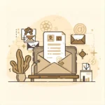 A beige themed picture showing a large email envelope opening to reveal a document or form, surrounded by mail related emojis and cactus beside symbolizing the work of freelance digital marketing strategist in Abu Dhabi in email marketing