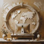 An image of Mac on a fancy desk, kept facing a large world map shaped like a compass, symbolizing the work of freelance digital marketing strategist in Abu Dhabi