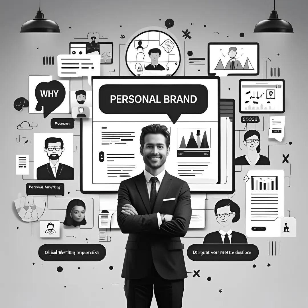 A man in a suit standing with his arms folded with a main heading Personal brand and surrounded by icons and digital marketing topics of freelance digital marketing strategist in Abu Dhabi