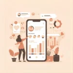 A picture of a woman interacting with a large smartphone displaying a Data Analytics dashboard with bar charts, user profiles, and digital marketing engagement icons visualizing the core work of freelance digital marketing strategist in Abu Dhabi